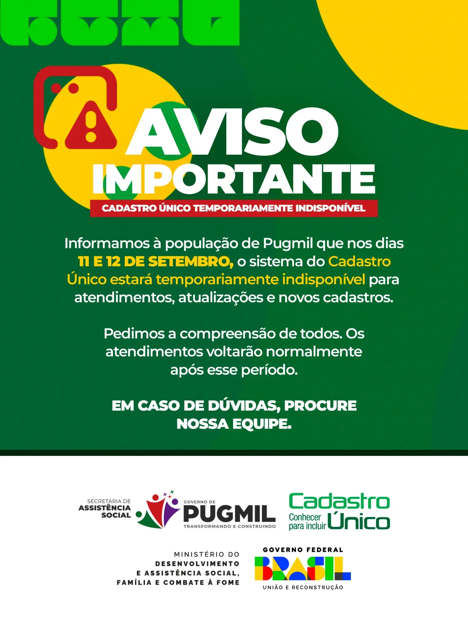 Cadastro Único ficará temporariamente indisponível nos dias 11 e 12 de setembro